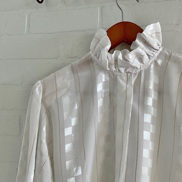 Vintage blouse damier Ruffled Retro Elegance MCM Mad men Cream Gold 16 - Picture 8 of 13
